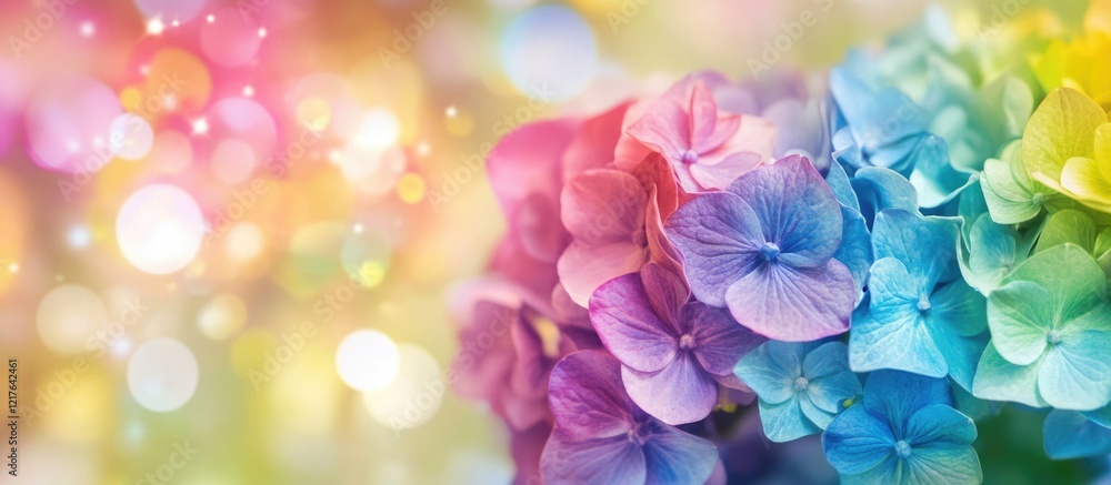 Poster vibrant rainbow hydrangea flowers against a soft bokeh background with ample copyspace for text and 
