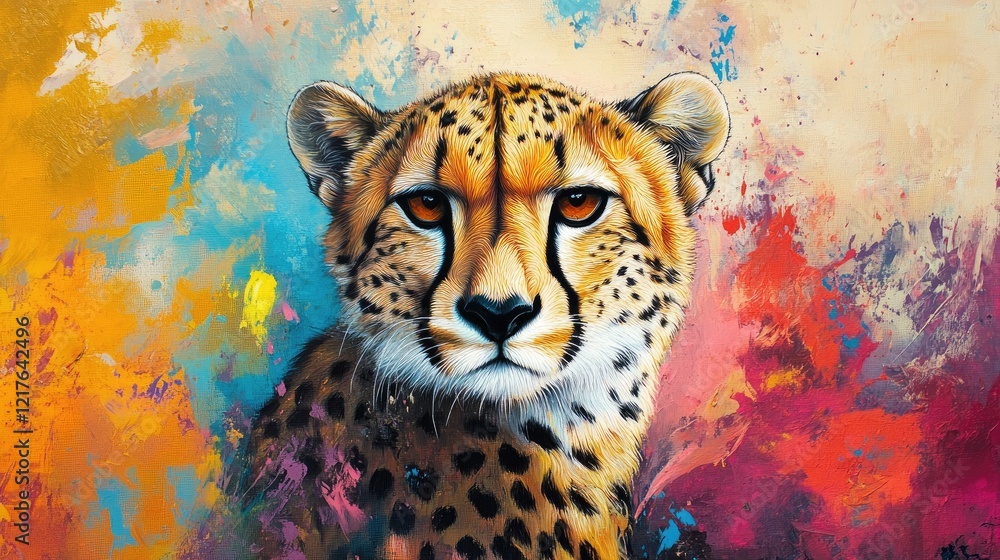 Poster realistic cheetah portrait against a colorful abstract background with bold splashes of paint and co