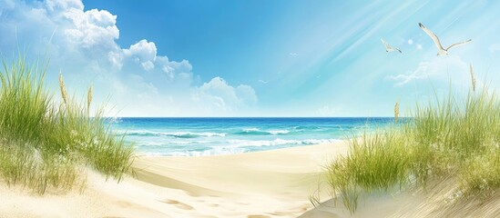 Summer beach invitation card design featuring dunes and ocean scenery with ample copyspace for personalized messages.