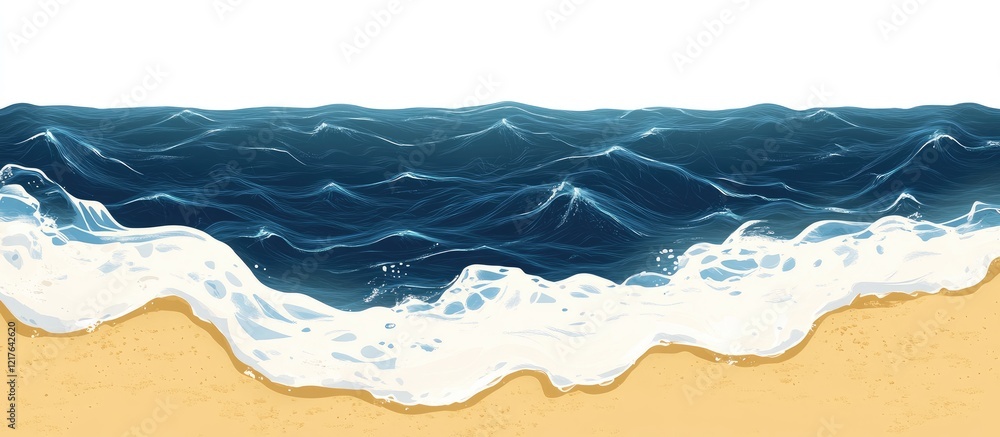 Aufkleber panoramic view of beach featuring dark blue waves crashing on golden sand with ample empty space for