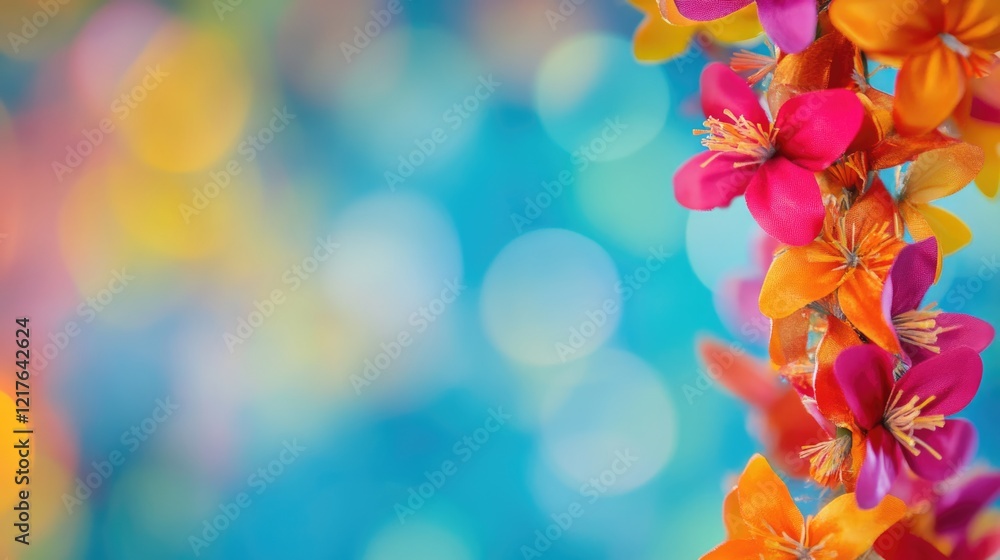 Poster colorful floral arrangement with soft bokeh background and copy space for text placement. ideal for 