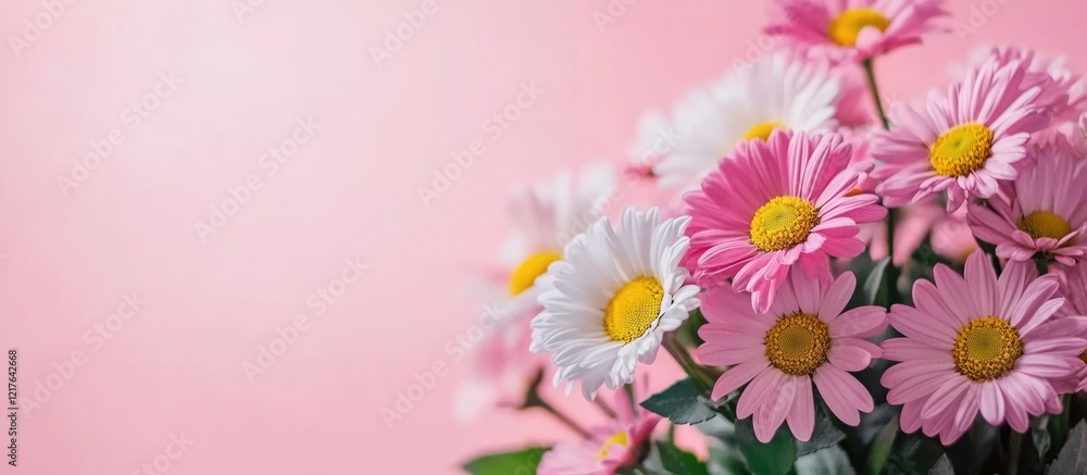 Poster lovely spring daisies bouquet in soft pink background with ample empty space for personalized text o