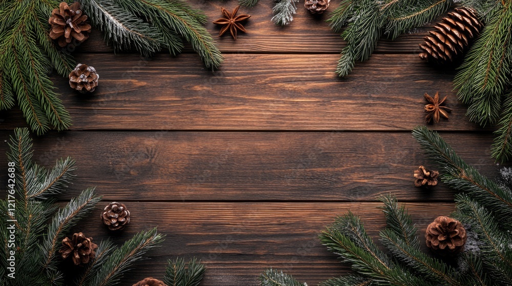 Poster wooden background with pine branches and cones creating a natural frame with copy space for text