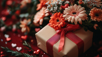 Gold gift box with red roses bouquet on vibrant red background showcasing romantic celebration and love