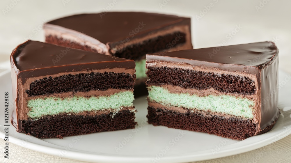 Poster mint chocolate layer cake with chocolate frosting sliced on a white plate with copy space