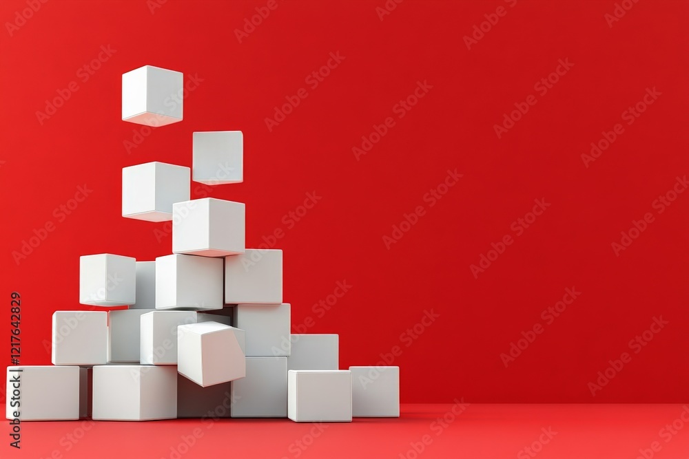 Poster white cubes stacking and balancing against a vibrant red background in a minimalistic design setting