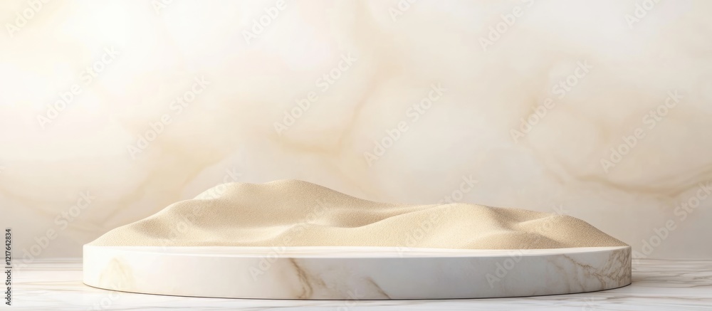 Aufkleber minimalistic background with textured sand dunes on a circular marble platform copy space for produc