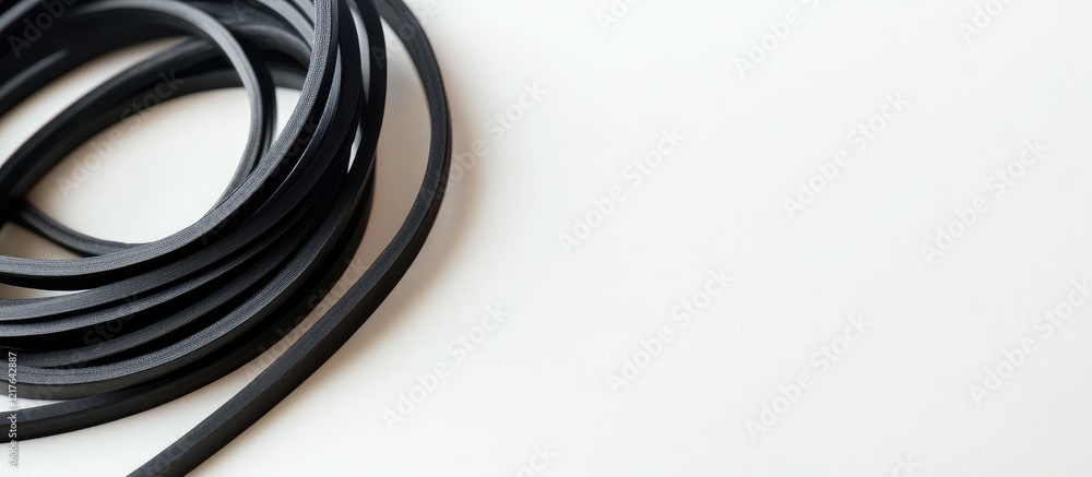 Poster black rubber band coiled on white background creating ample negative space for text or design elemen