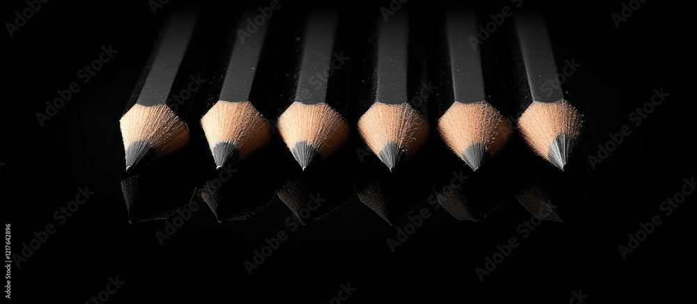 Poster black pencils lined up on a black background creating copyspace for text with a minimalist and elega