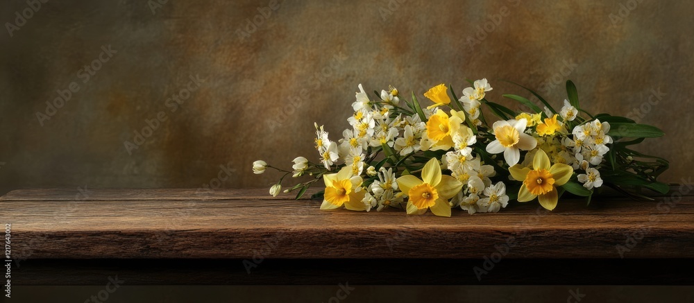 Poster spring flowers arrangement on aged wooden table with natural backdrop and empty space for text or br