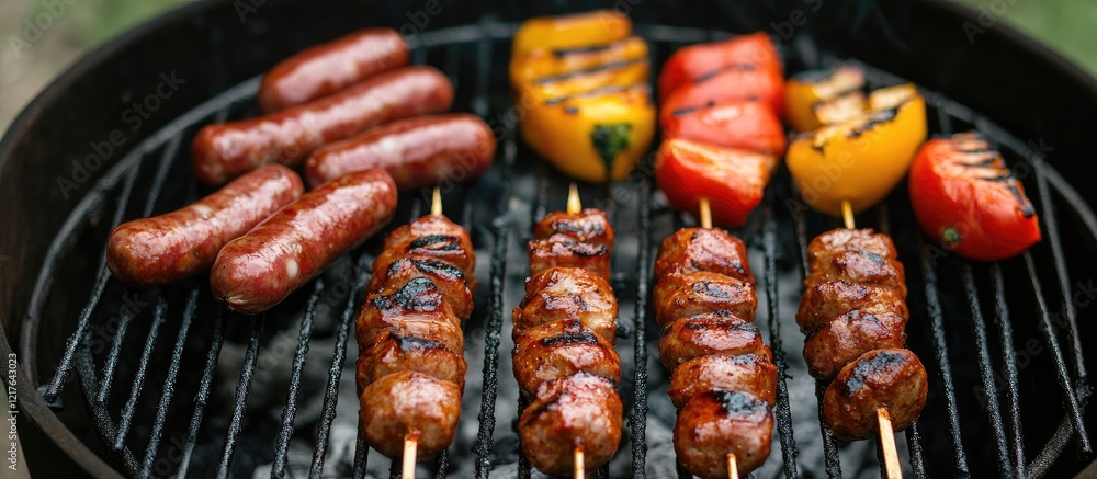 Poster grilled sausages and skewered meat with colorful vegetables on a bbq grill creating an inviting cook