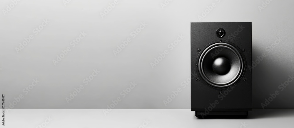 Poster black sound amplifier speaker on white background with ample copyspace for text and minimalist desig