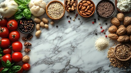 Fototapeta premium Gourmet ingredients assortment on marble background with tomatoes nuts seeds and herbs Copy Space