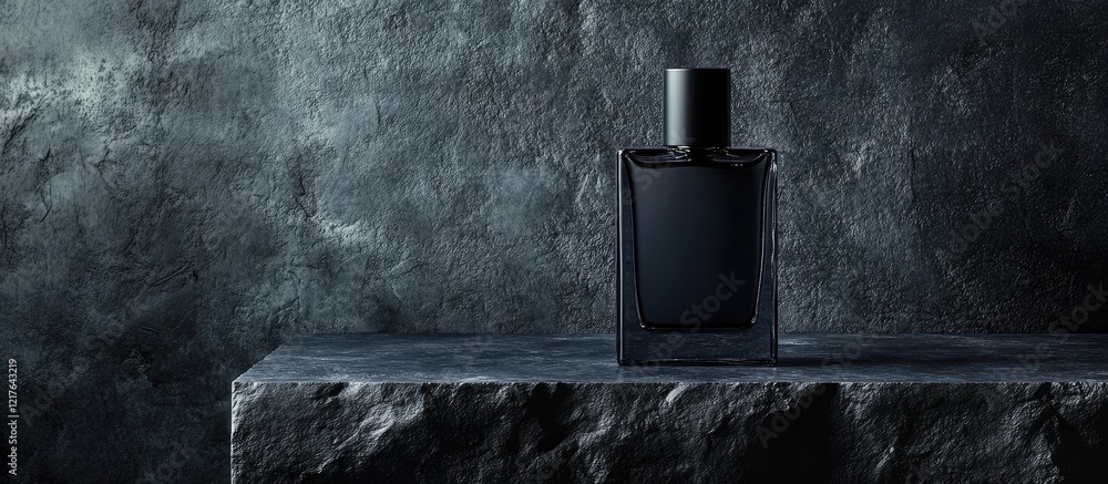 Poster elegant black perfume bottle on dark stone surface with ample copyspace for branding or text in a lu
