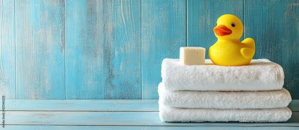 Poster bathroom accessories with towels rubber duck soap and loofah on background with empty copyspace for 