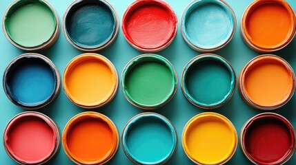 Colorful Paint Pots Arrangement on Turquoise Background with Copy Space