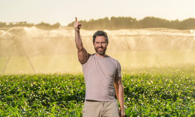 Agriculture and farming. Man at irrigation system watering agricultural field. Farmer man in countryside. Water sprinkler irrigating crop field. Drip irrigation system. Crop irrigation. Point finger
