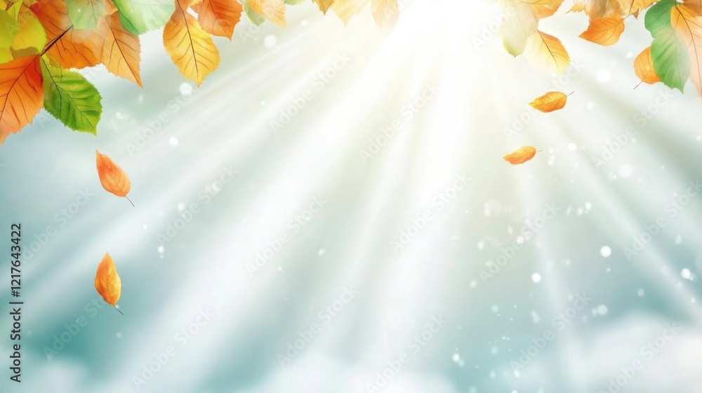 Poster autumn leaves falling in sunlit background with soft rays of light and gentle bokeh effect