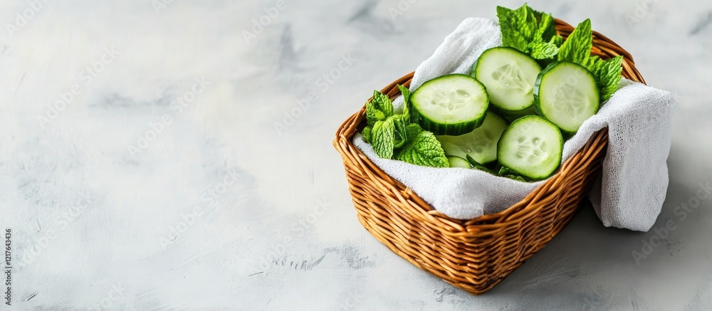 Poster basket of fresh cucumbers and lettuce on a textured surface with empty space for mockup design and t