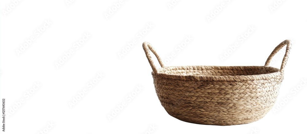 Poster handwoven basket with two handles on a white background providing ample empty space for text or bran