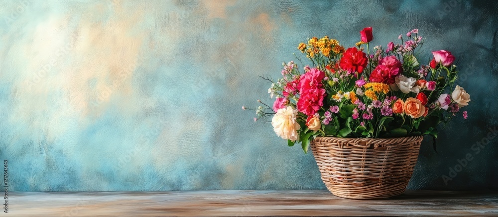 Poster colorful flower basket displayed on rustic shelf against textured wall with ample empty space for te