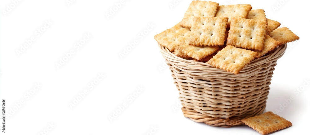 Poster crispy crackers in a woven basket on white background with empty space for custom text or branding