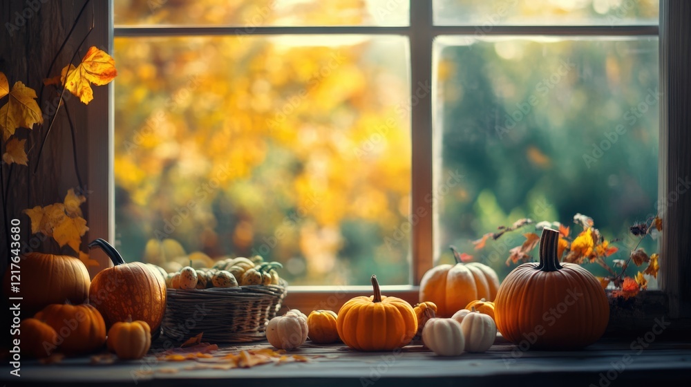Poster autumn pumpkins and colorful leaves arranged by a window with warm sunlight illuminating a cozy seas