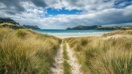 Coastal pathway leading through grass dunes to a sandy beach with turquoise water under a partly cloudy sky Copy Space