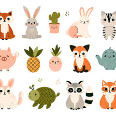 Adorable Cartoon Animal Characters: Cute Fox, Bunny, and Kitten Illustration for Children's Art Lovers
