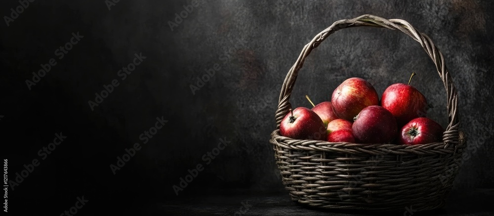 Poster fresh organic apples in a rustic basket on a dark background with ample copyspace for text or brandi