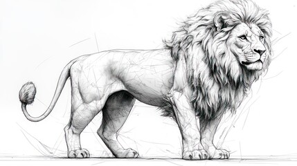 Obraz premium Majestic lion sketch, detailed grayscale illustration of a male lion in profile view.