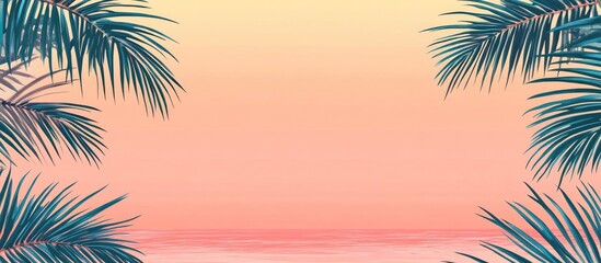 Fototapeta premium Tropical Beach Sunset Framed by Lush Palm Leaves with Generous Copy Space for Text and Design Elements