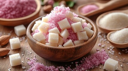 Colorful granulated sugars in wooden bowls with scattered sugar cubes and almonds on a rustic wooden surface Copy Space