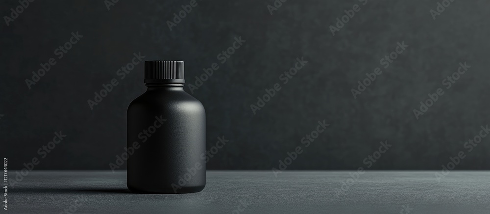 Poster minimalistic black essential oil bottle on abstract dark background with empty space for custom text
