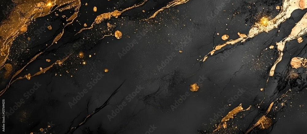 Poster elegant black marble texture with gold splashes and blank space for creative text and design applica