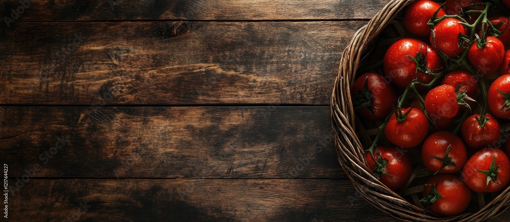 Poster fresh ripe tomatoes in a wicker basket on rustic wooden background with ample empty space for text o