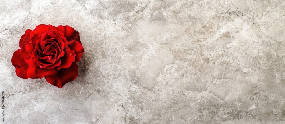 Poster elegant red rose flower resting on textured gray marble stone with ample empty space for elegant tex