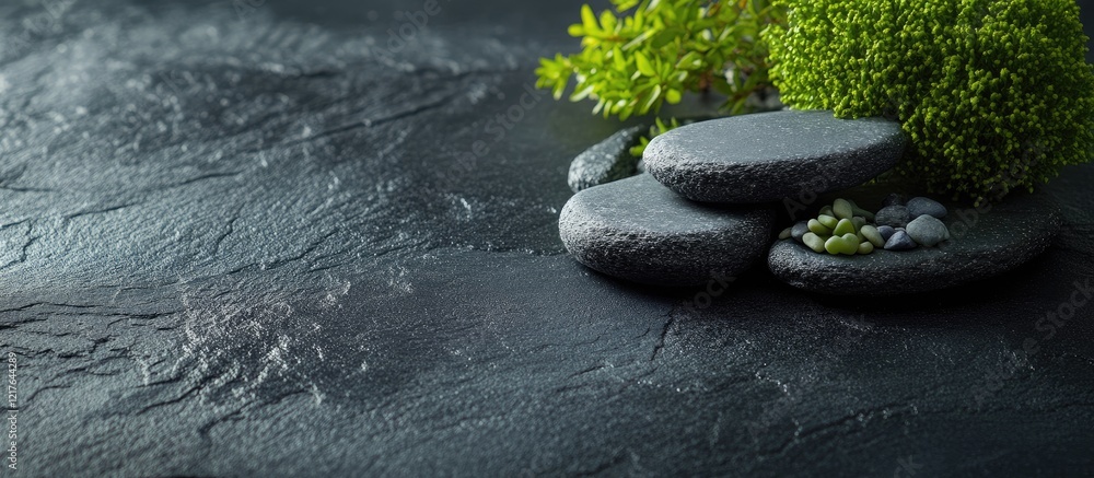 Poster zen garden on black stone board with decorative pebbles and plants featuring empty space for text an
