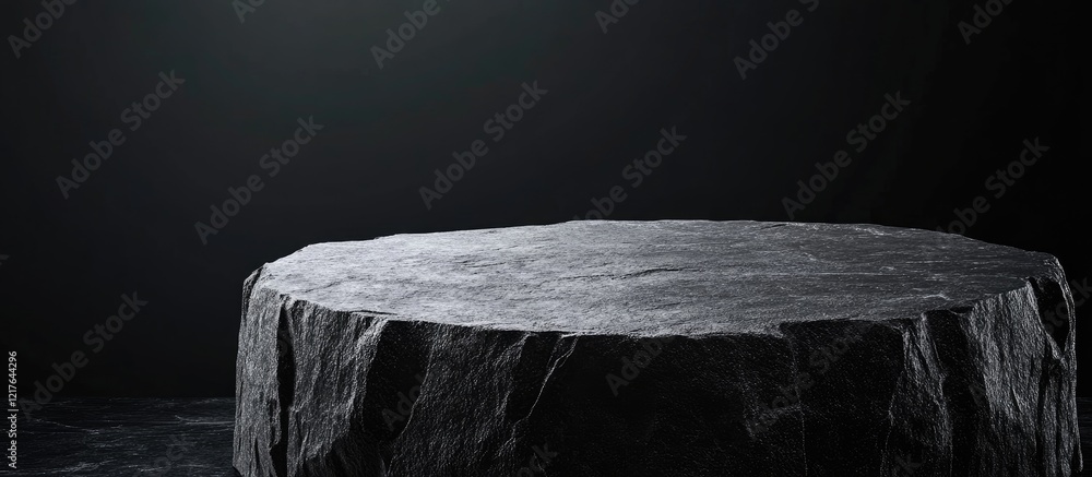 Poster black stone pedestal on dark background showcasing empty space for text ideal for product display or