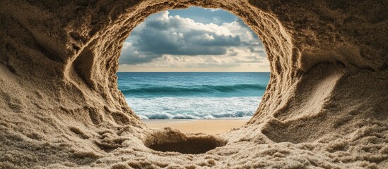 Beach sand tunnel with ocean view highlighting natural beauty and providing ample space for text or captions in a serene coastal setting