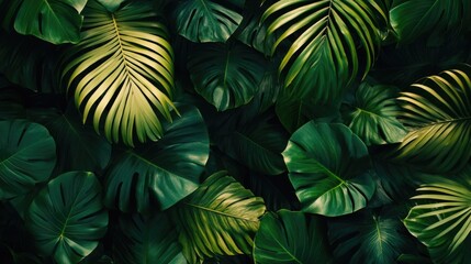 Lush tropical leaves background with varying shades of green and textures ideal for nature themes Copy Space