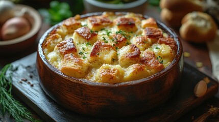 Baked cheese casserole with crispy top in wooden bowl on rustic table with ingredients and herbs Copy Space