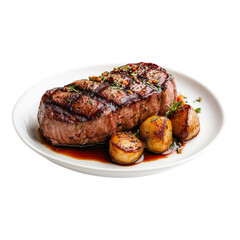 Grilled Steak with Roasted Potatoes: A juicy, perfectly grilled strip steak, with beautiful grill marks, sits atop a pool of rich, savory sauce, accompanied by golden-brown roasted potatoes.