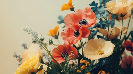 Colorful floral arrangement featuring anemones, buttercups, and greenery against a soft background with Copy Space.