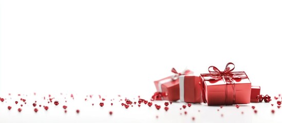 Elegant Holiday Gift Boxes with Red Ribbon on White Background Ideal for Christmas Promotions and Festive Greeting Messages