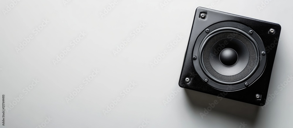 Poster black sound amplifier speaker positioned on a white background with ample copyspace suitable for cus