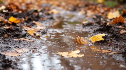 Fototapeta premium Autumn landscape featuring puddles on a muddy path adorned with fallen yellow leaves in a serene forest setting