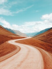 Naklejka premium A winding road cuts through brown hills under a bright blue sky, creating a serene and picturesque landscape.