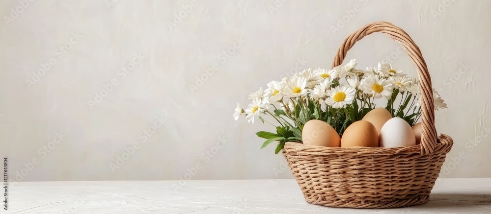 Poster easter basket with eggs and spring flowers on a table creating a serene atmosphere with ample blank 