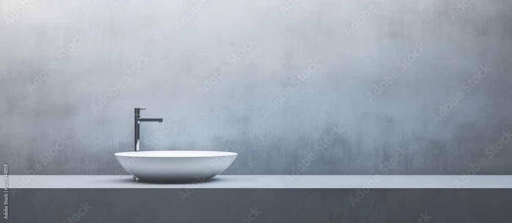 Poster modern bathroom sink with sleek faucet on minimalist gray countertop and empty space for potential t